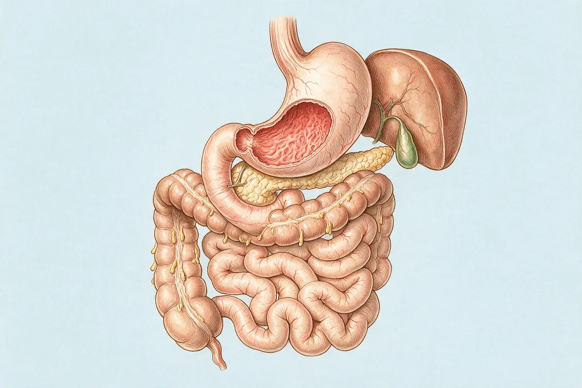Ilustración anatómica del estómago, el hígado y los intestinos