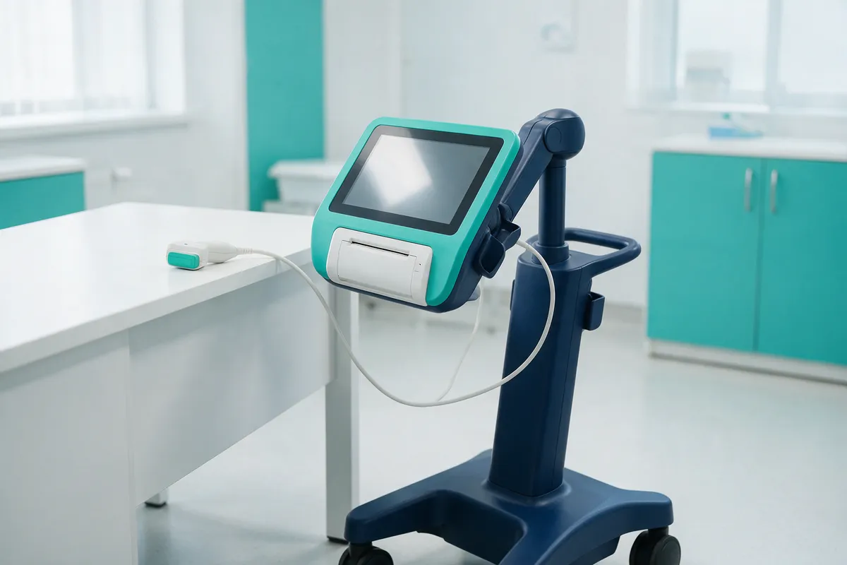 Equipo de elastografía hepática con sonda en un consultorio médico luminoso