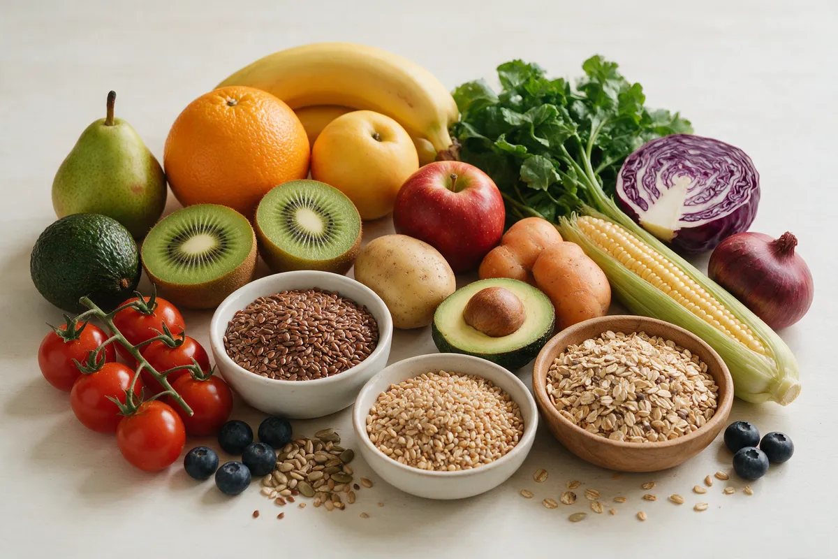 Frutas, verduras y cereales integrales ricos en fibra sobre una mesa